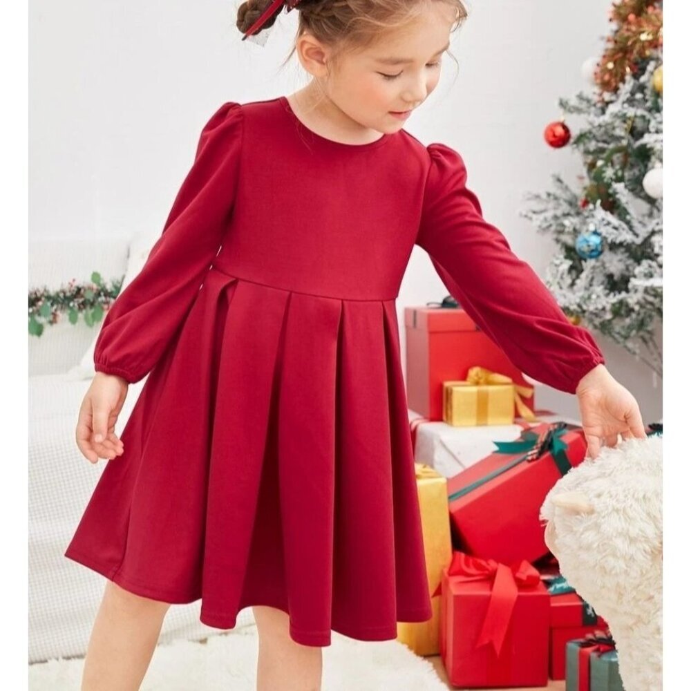 SHEIN Toddler Girls Puff Sleeve Fold Pleated Dress in Red - Size 2Y